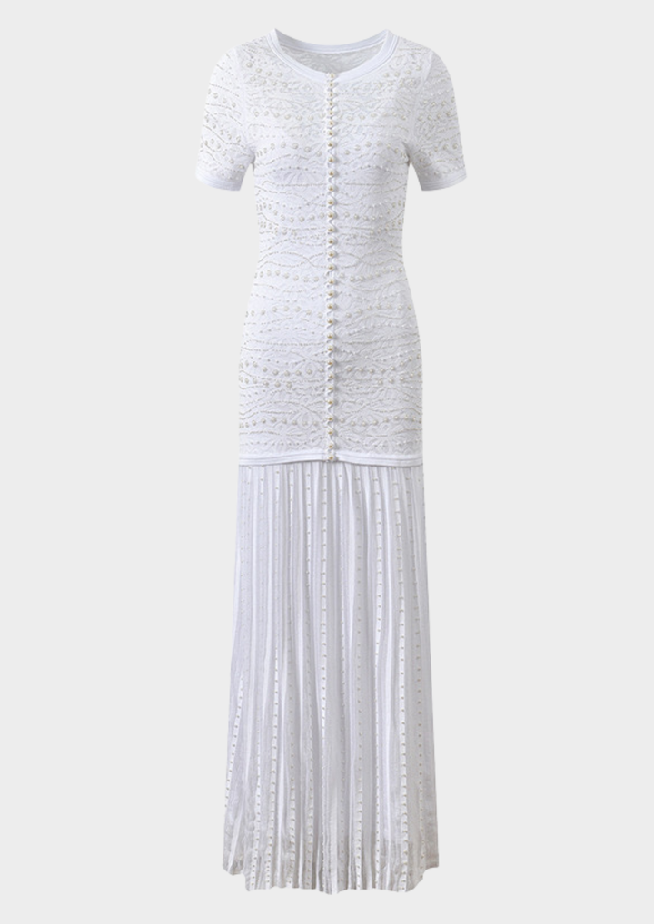 Celeste Pearl Lace Pleated Maxi Dress
