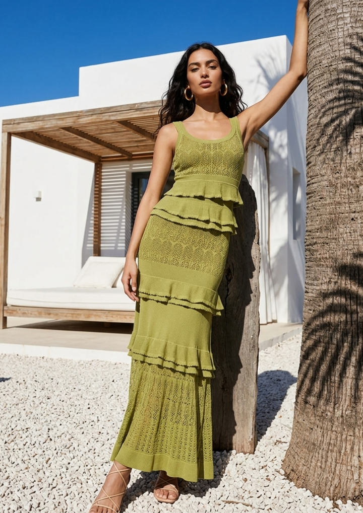Olive Ruffle Knit Maxi Dress