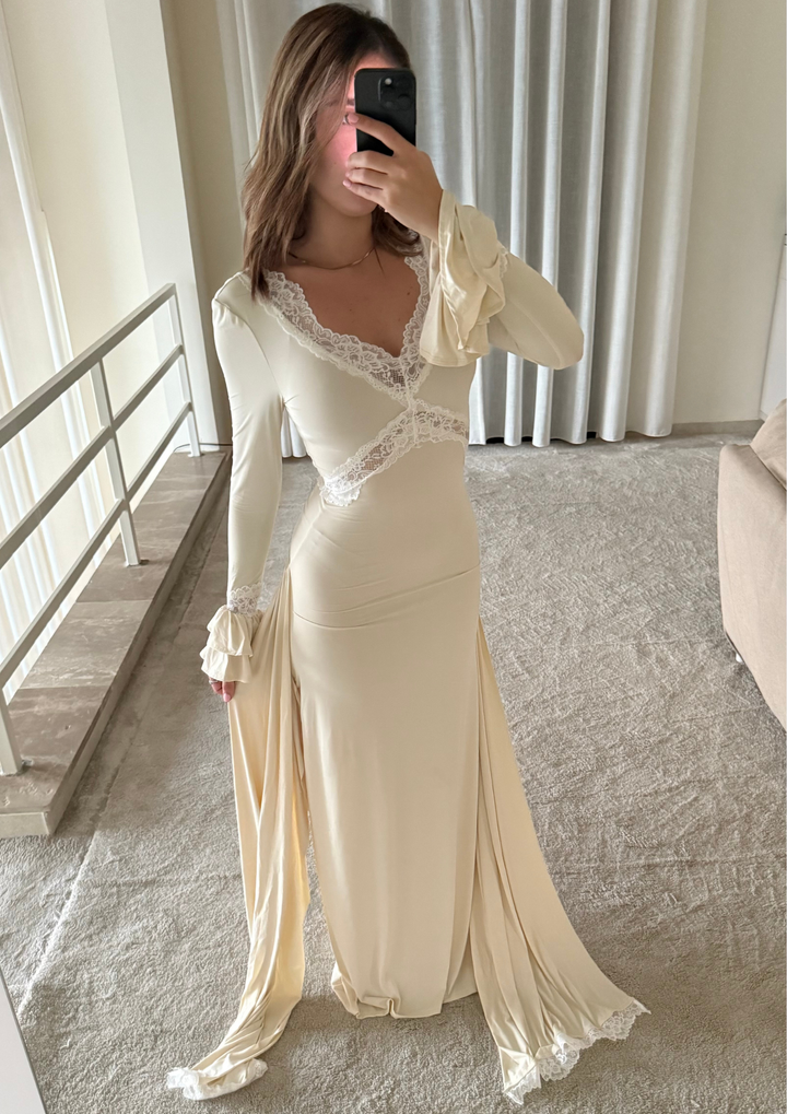 Ivory Draped Lace Trim Long Sleeve Maxi Dress