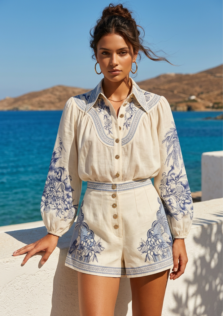 Santorini Toile Blouse &amp; Shorts Set