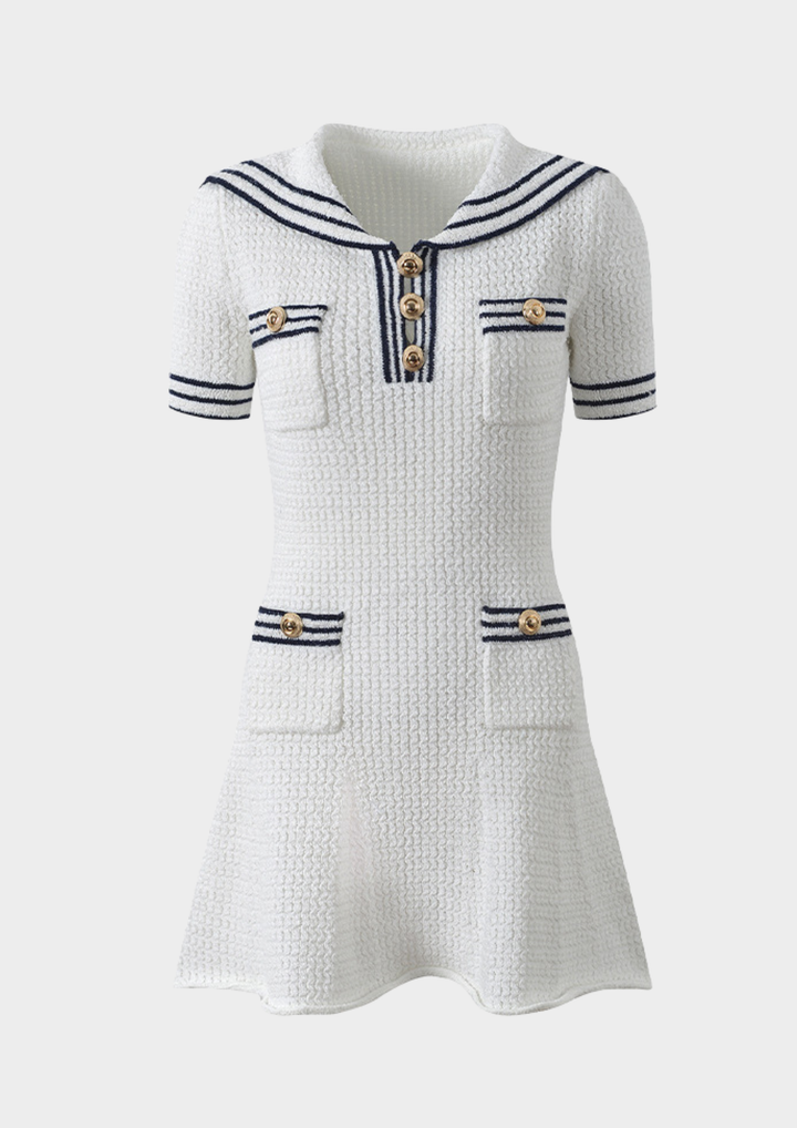 Marina Stripe Button Detail Knit Mini Dress - White
