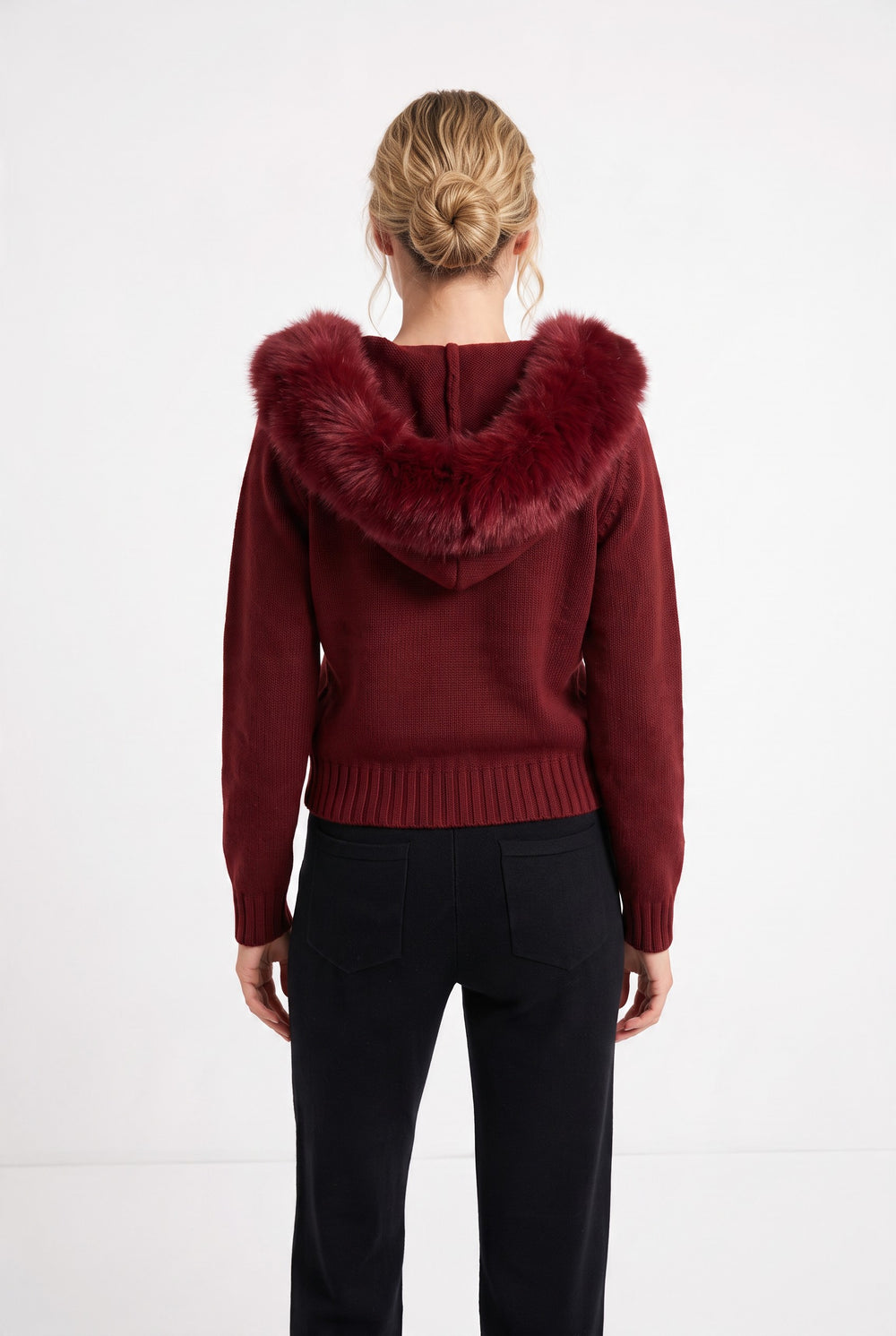 lily burgundy wool hooded jacket with a plush genuine fox fur collar, back view on a model