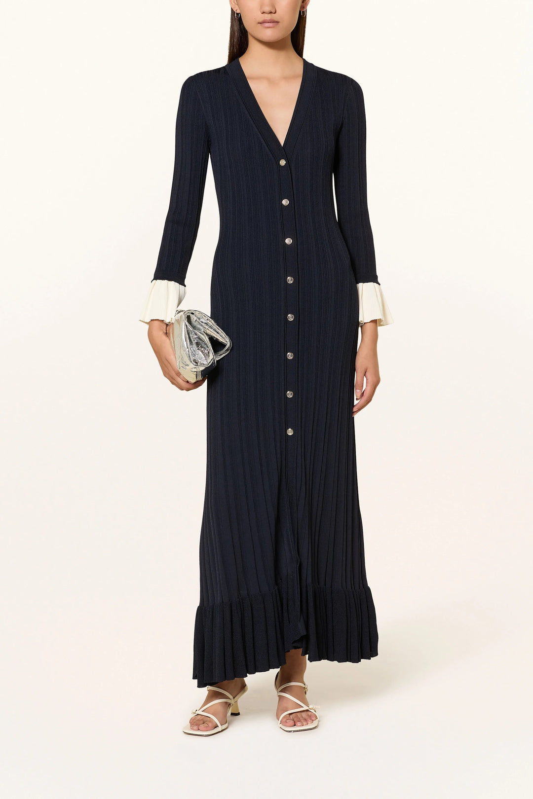 Royal Navy Viscose Knit Pleated Cuffs Maxi Dress