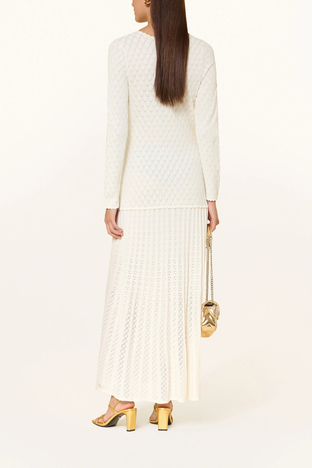 Ivory Luxe Hollow Golden Button Viscose Knit V-Neck Maxi Dress