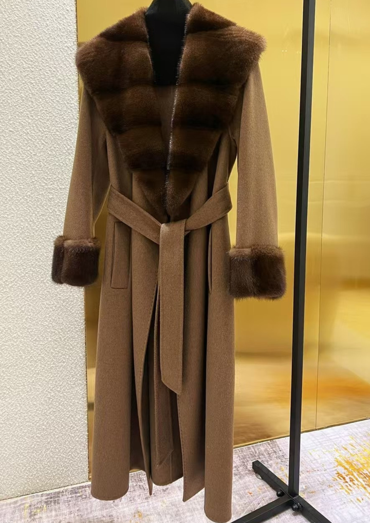 Cashmere Deep V Mink Shawl Collar Coat