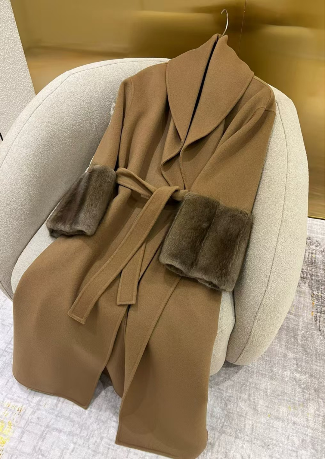 Amara Cashmere Rex Fur Cuff Drape Coat