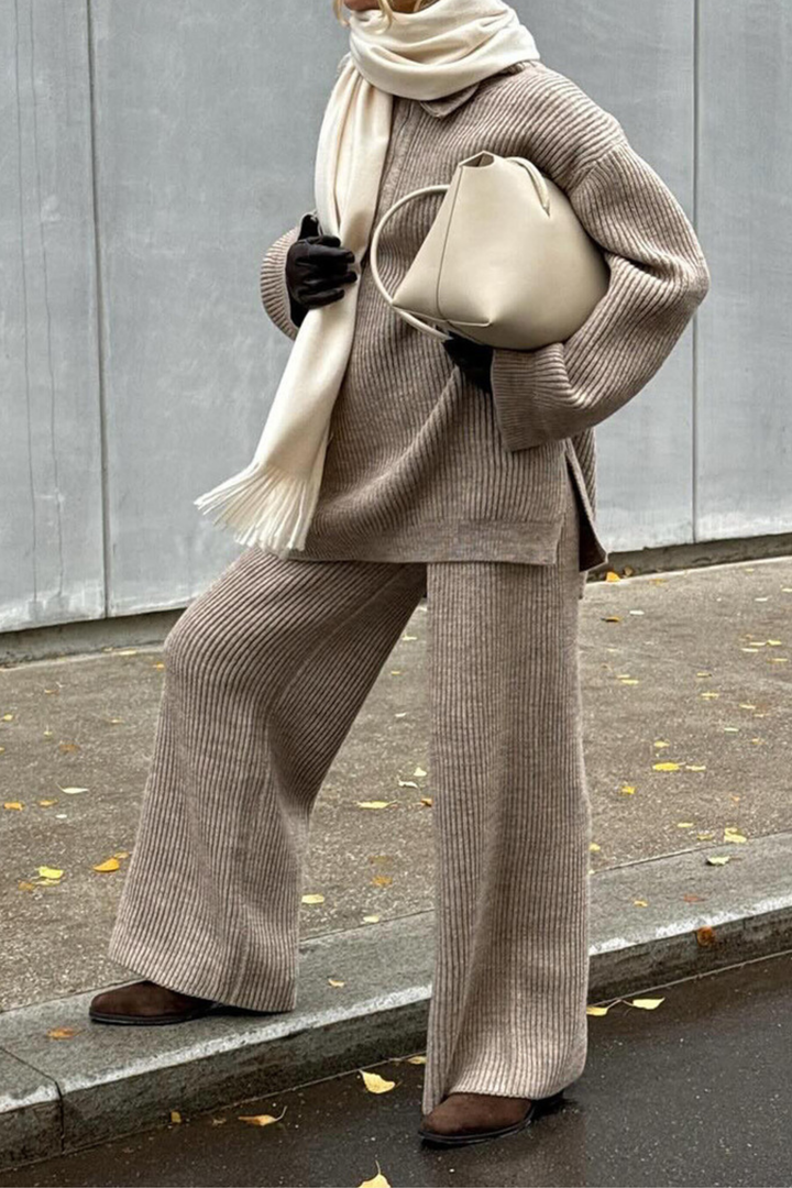 Comfy Ribbed Lapel Wide Leg Knit Set