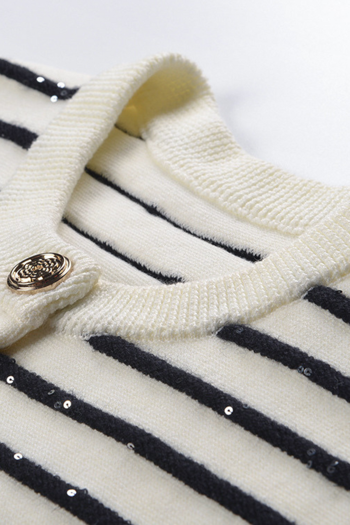 Sequin Contrast Striped Round Neck Viscose Cardigan