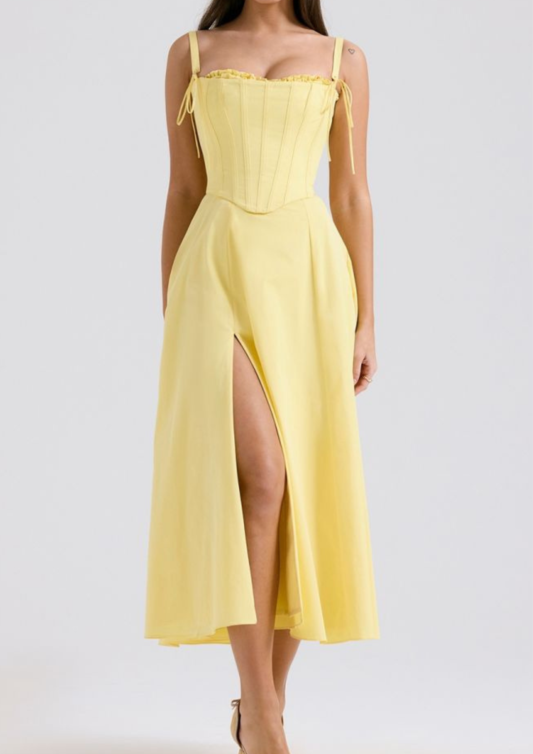 Serena Fishbone Lace Up Maxi Dress – Soft Yellow
