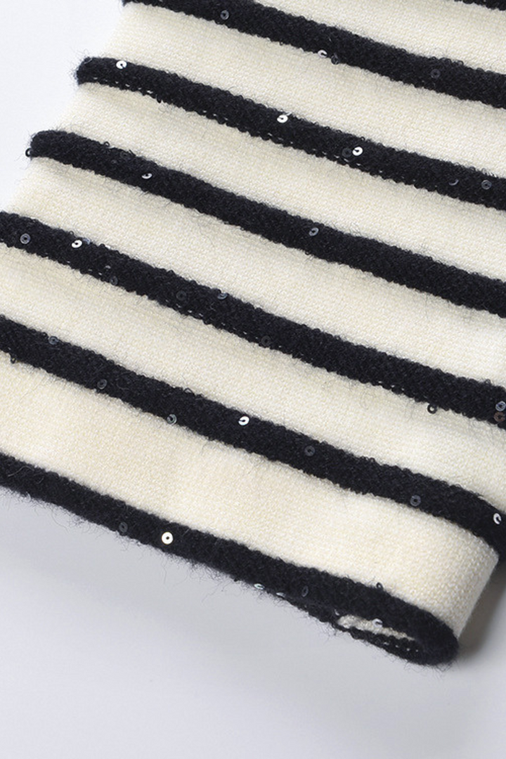 Sequin Contrast Striped Round Neck Viscose Cardigan
