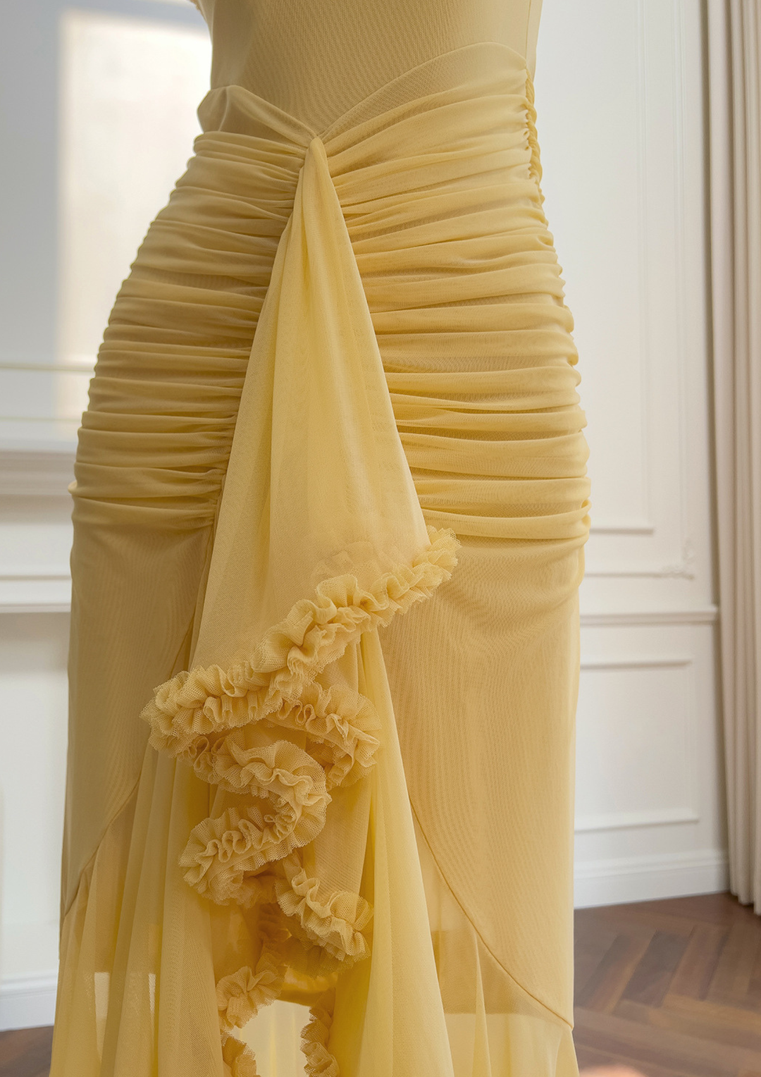 Golden Petal Ruched Maxi