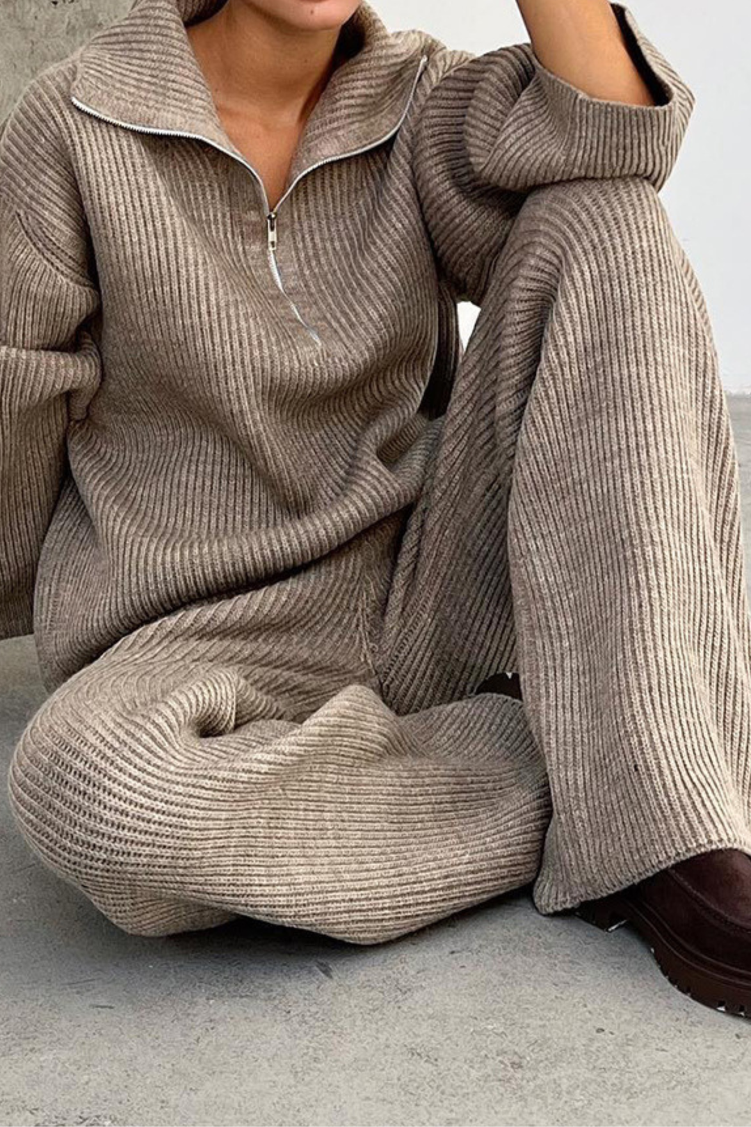 Comfy Ribbed Lapel Wide Leg Knit Set