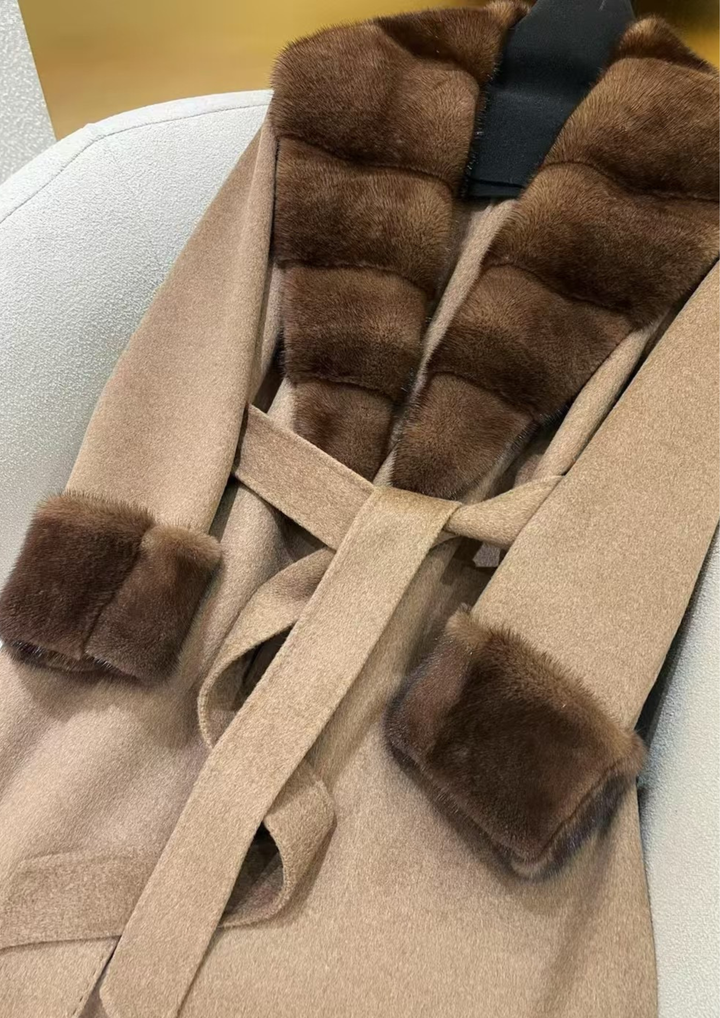 Cashmere Deep V Mink Shawl Collar Coat