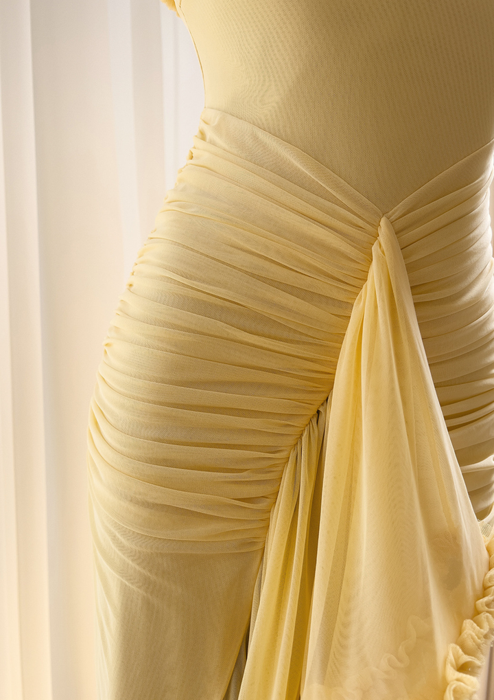Golden Petal Ruched Maxi