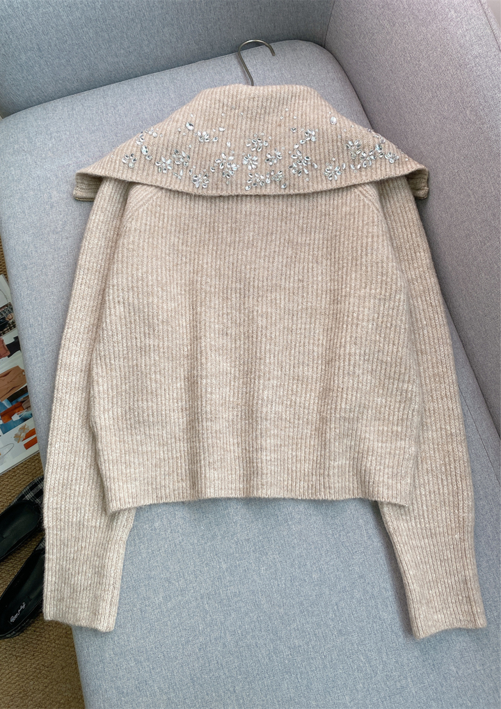 Rhinestone Half Zip Oversized Collar Knit Top