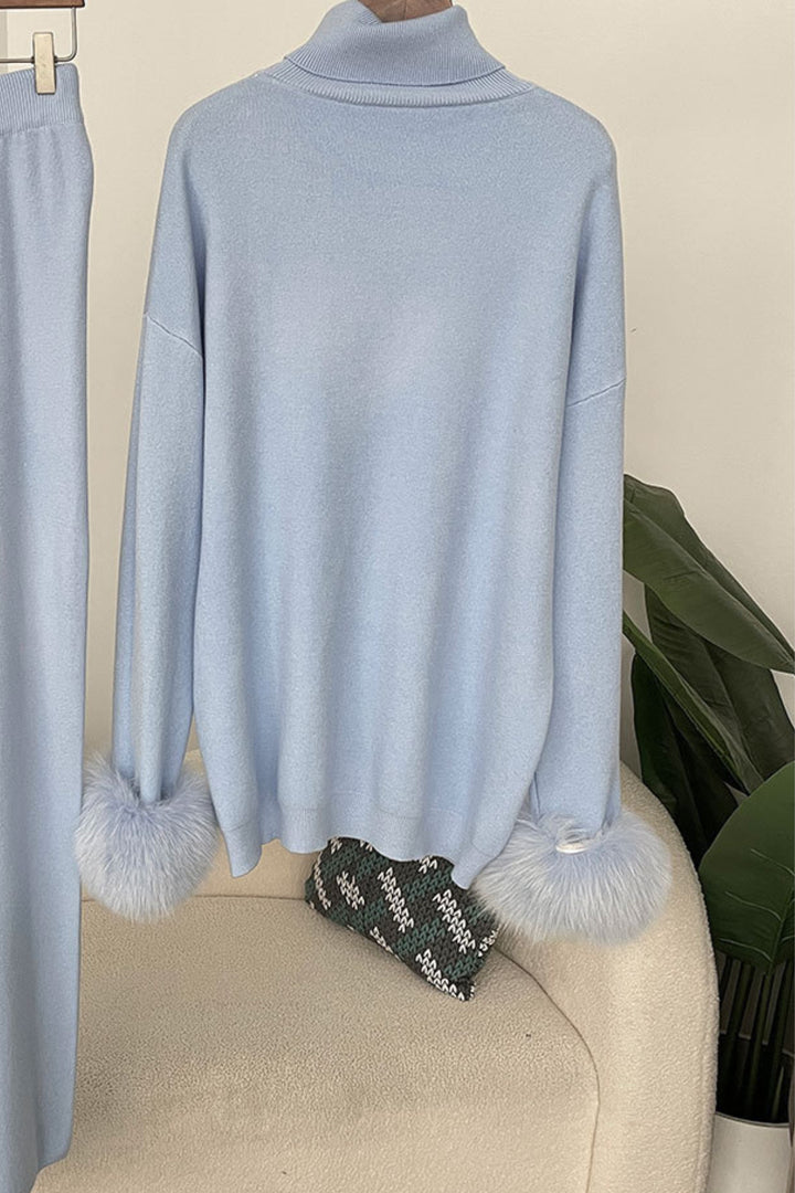 Ivy Real Fox Fur Turtleneck Knit Lounge Set