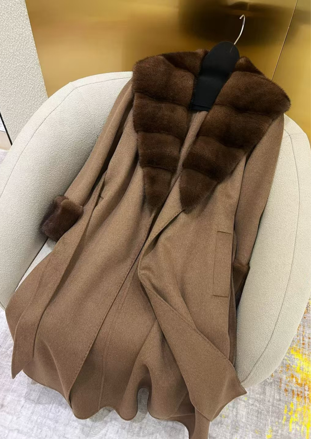 Cashmere Deep V Mink Shawl Collar Coat