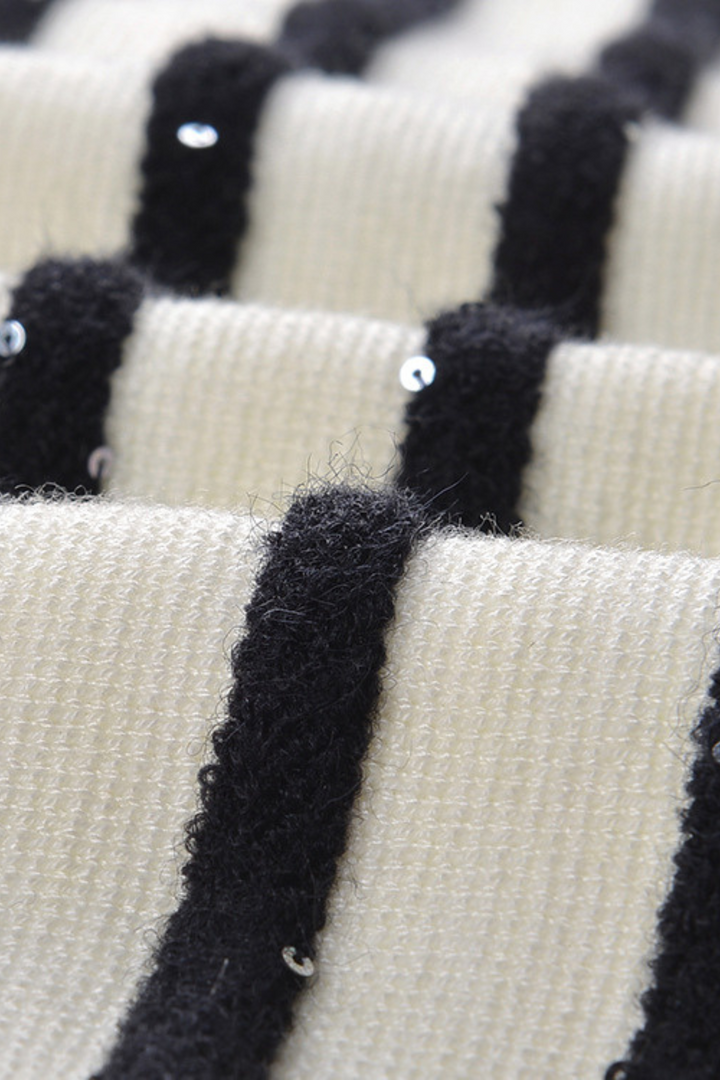 Sequin Contrast Striped Round Neck Viscose Cardigan