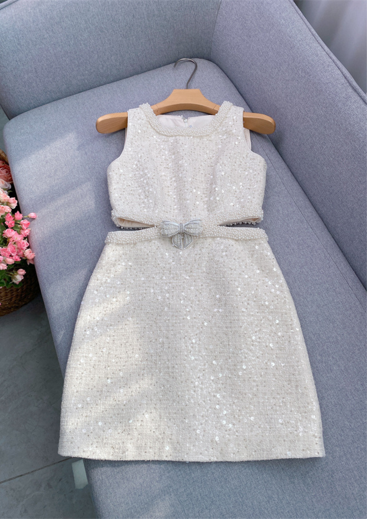 Serene Shine Pearl Sequin Bow Open Waist Mini Dress