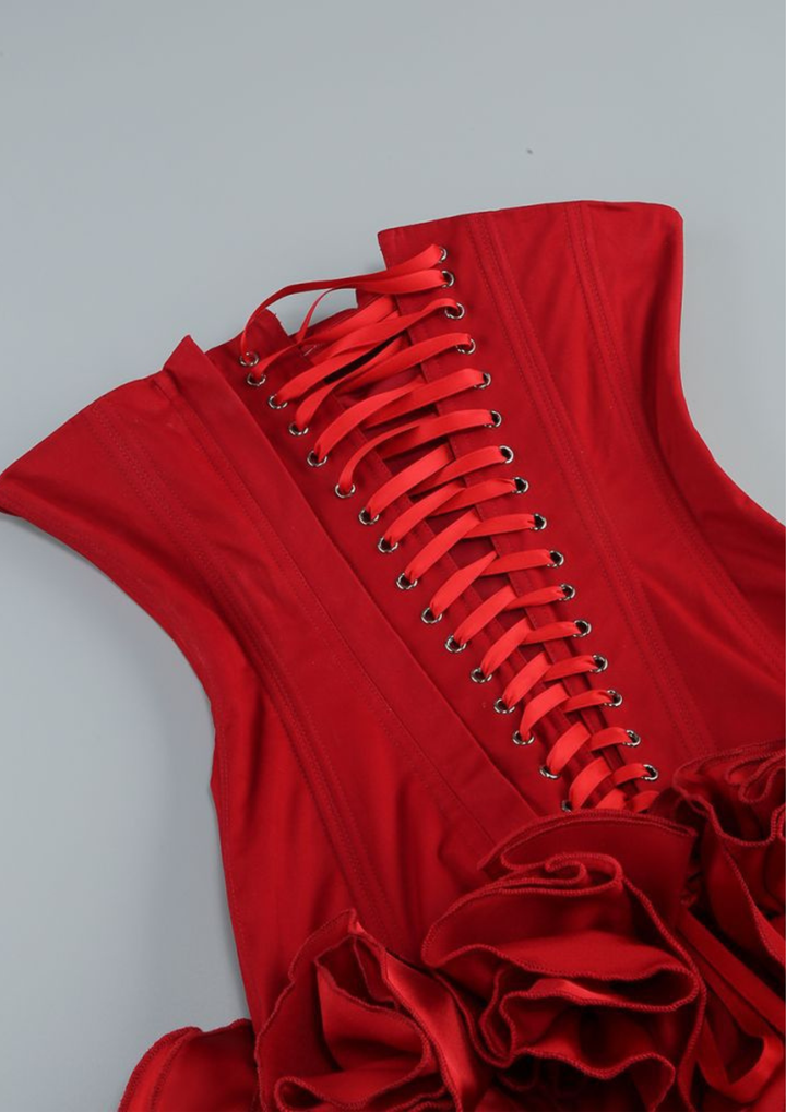 Rosette Lace Up Corset Mini Dress