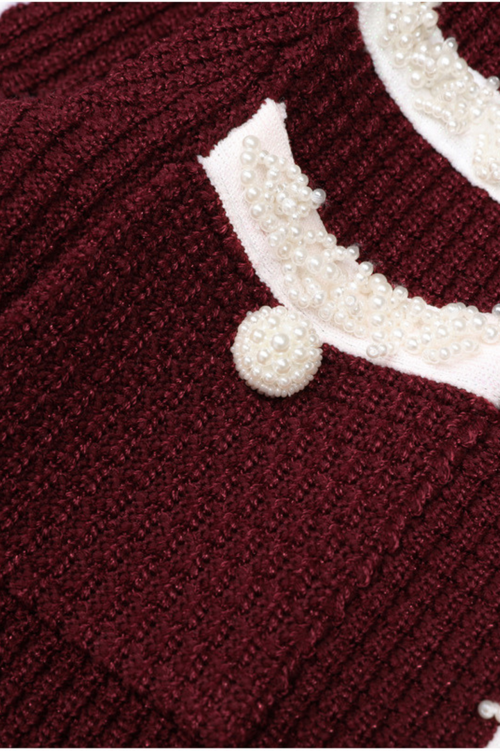 Opulent Pearl Trim Viscose Knit Flare Elegance Maxi Dress