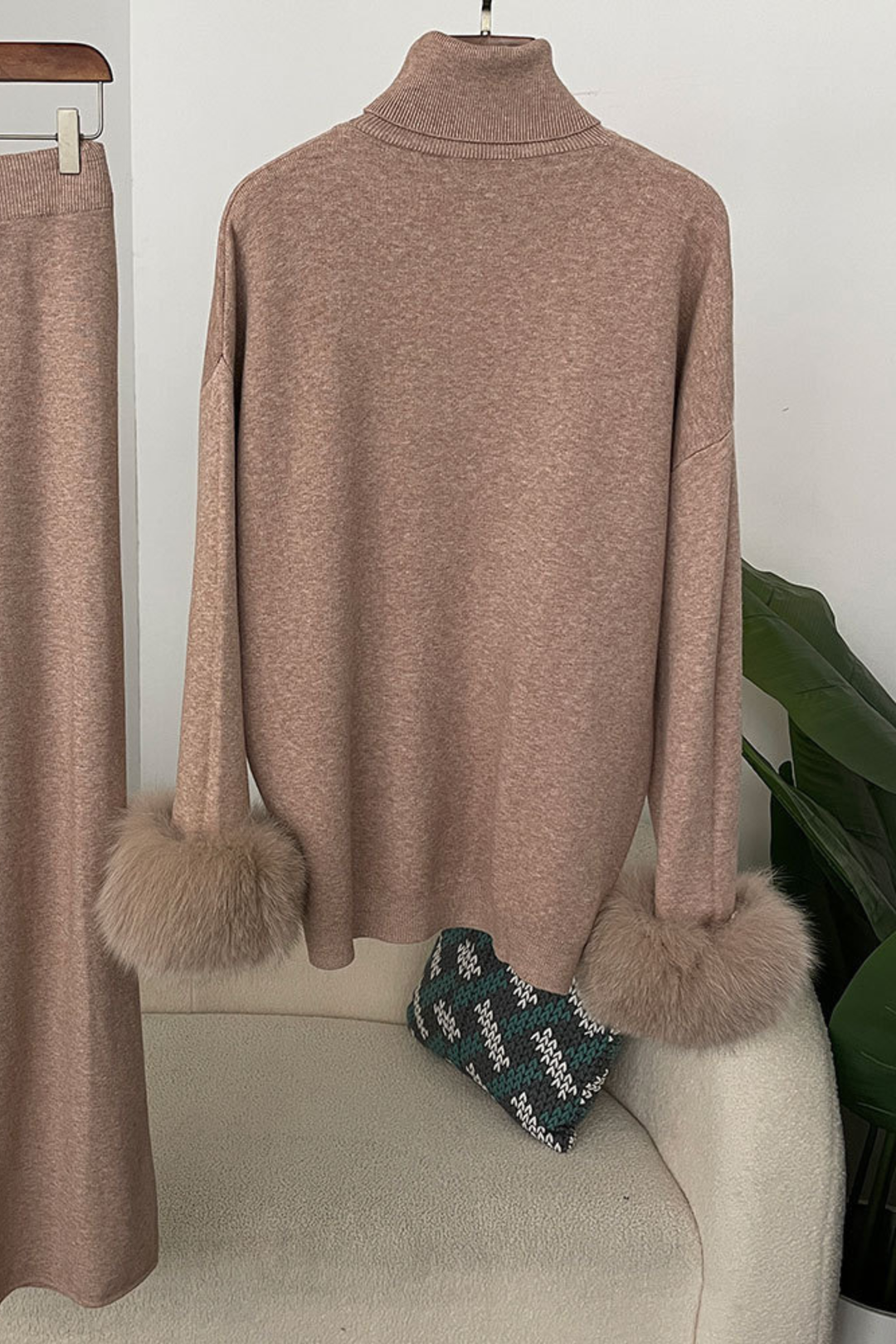 Ivy Real Fox Fur Turtleneck Knit Lounge Set