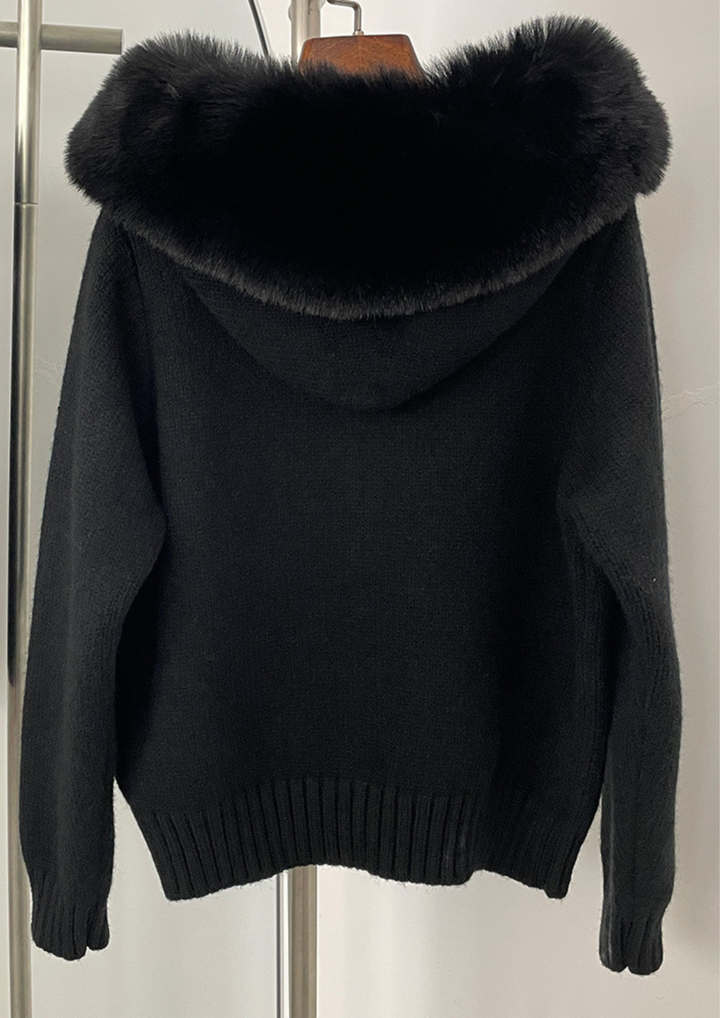 Large Fur Collar Hooded Zipper  Jacket Top