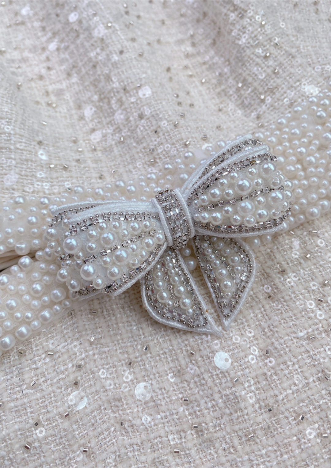 Serene Shine Pearl Sequin Bow Open Waist Mini Dress