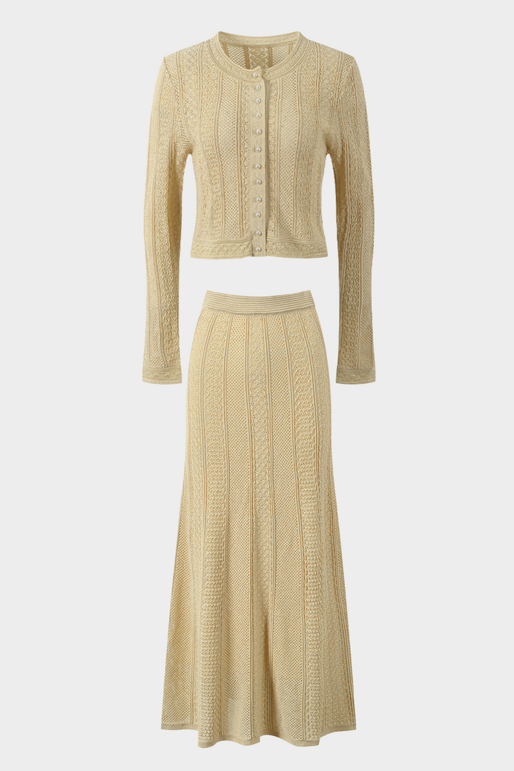 Beige Hollow Knitted Viscose Pearl Button Cardigan & Maxi Skirt Set