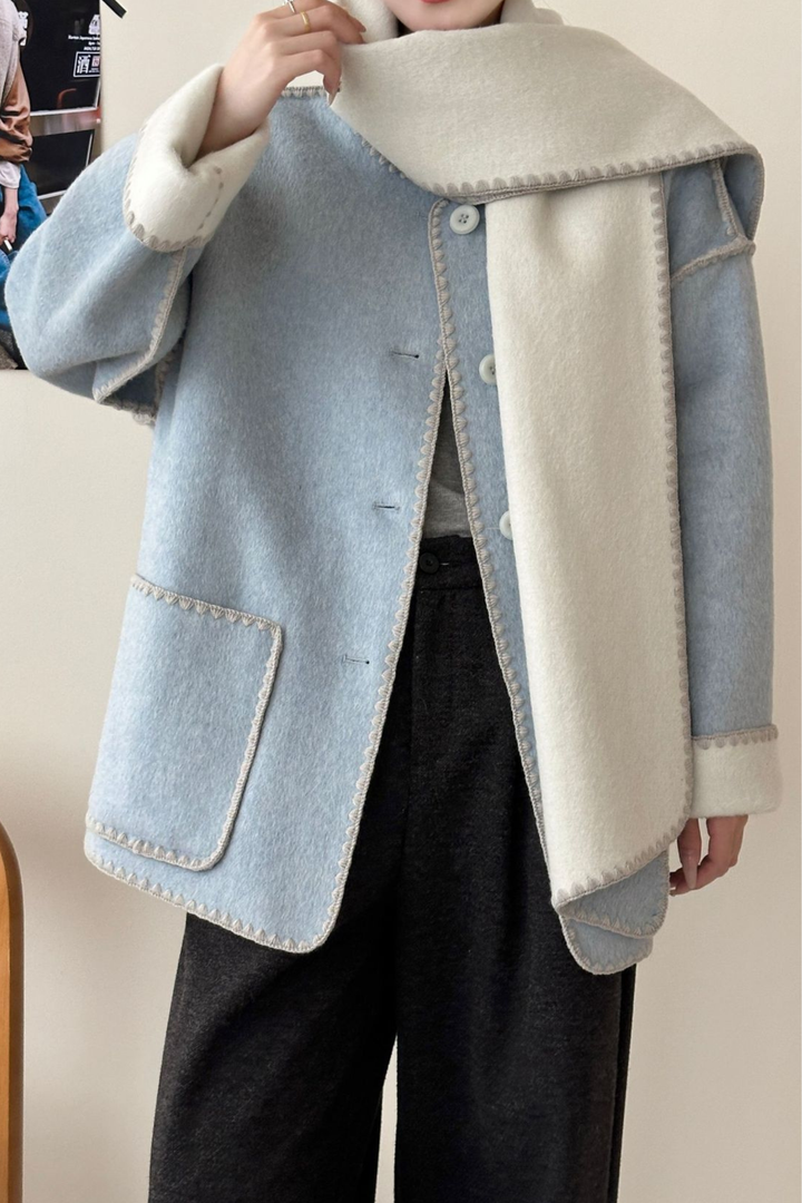 Angelic Soft Stitch Coat Scarf Cardigan - Sky Ivory