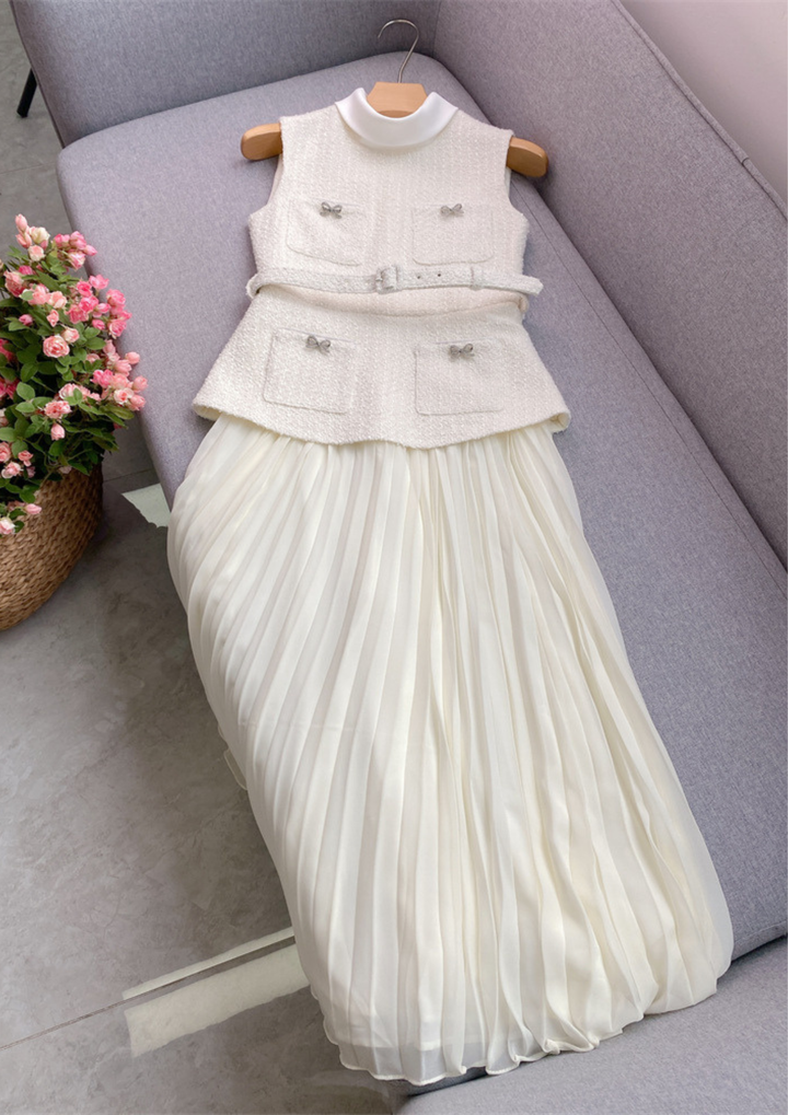 Crystal Bow Elegance Tweed Belted Pleated Maxi Dress