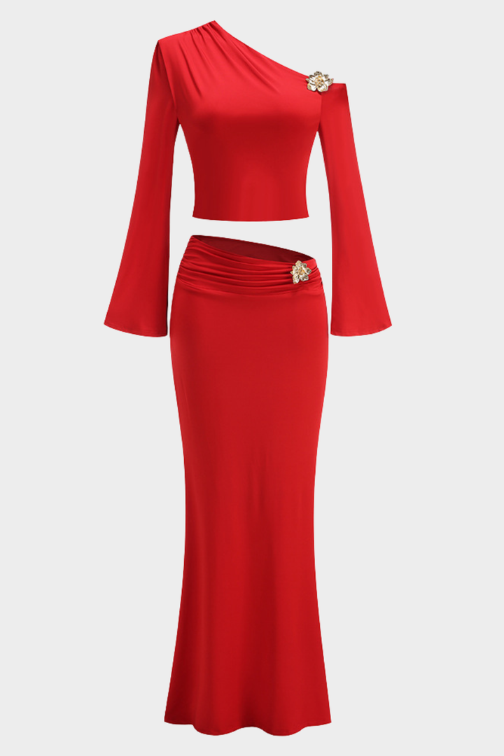 Aurelia Gold Bloom Oblique Drape Maxi Set