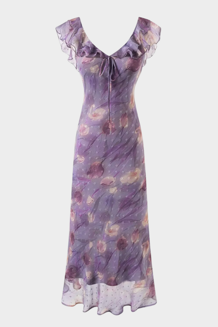 Enchanted Violet Floral Ruffle Maxi Dress