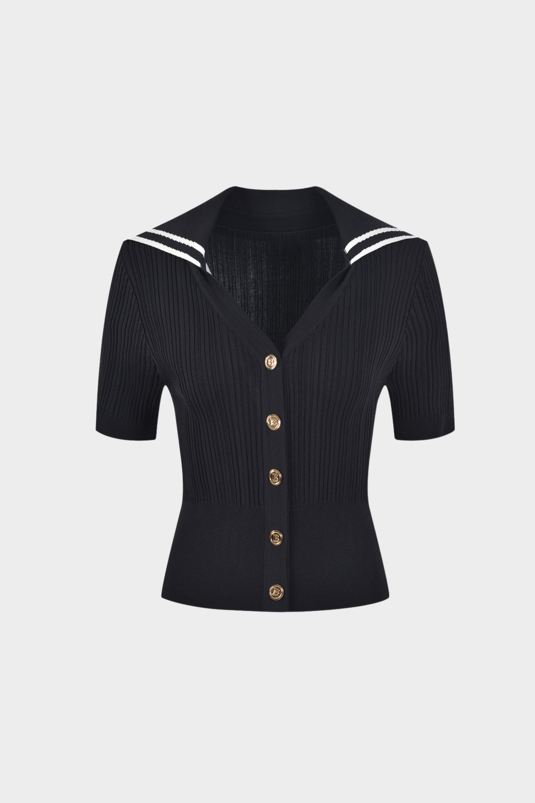 Sailor Collar Ribbed Knit Button Up Top