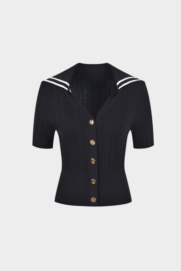 Sailor Collar Ribbed Knit Button Up Top