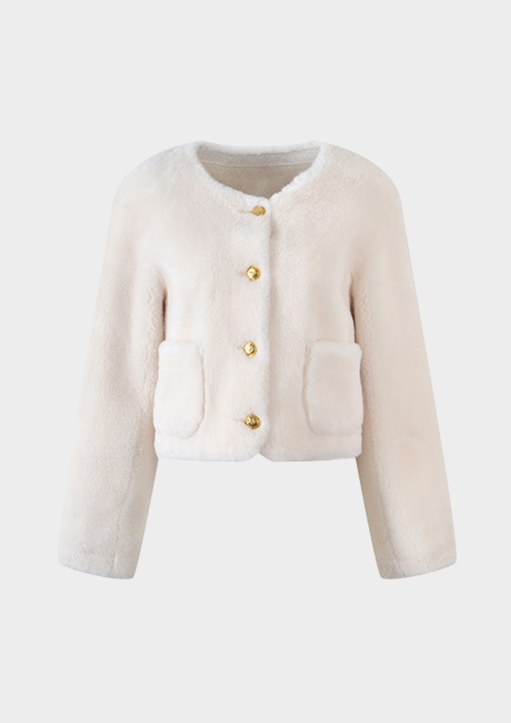 Ivory Lamb Wool Gold Button Cardigan Jacket