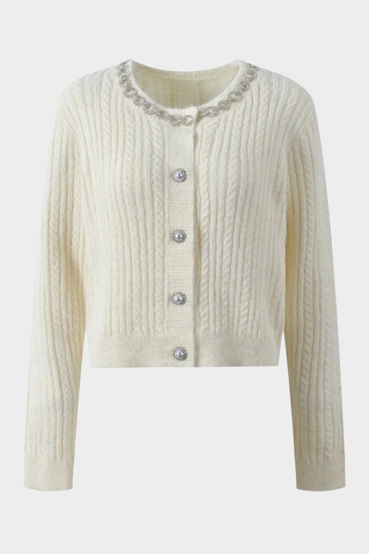 Wool Diamond Embellished Round Neck Short Cardigan