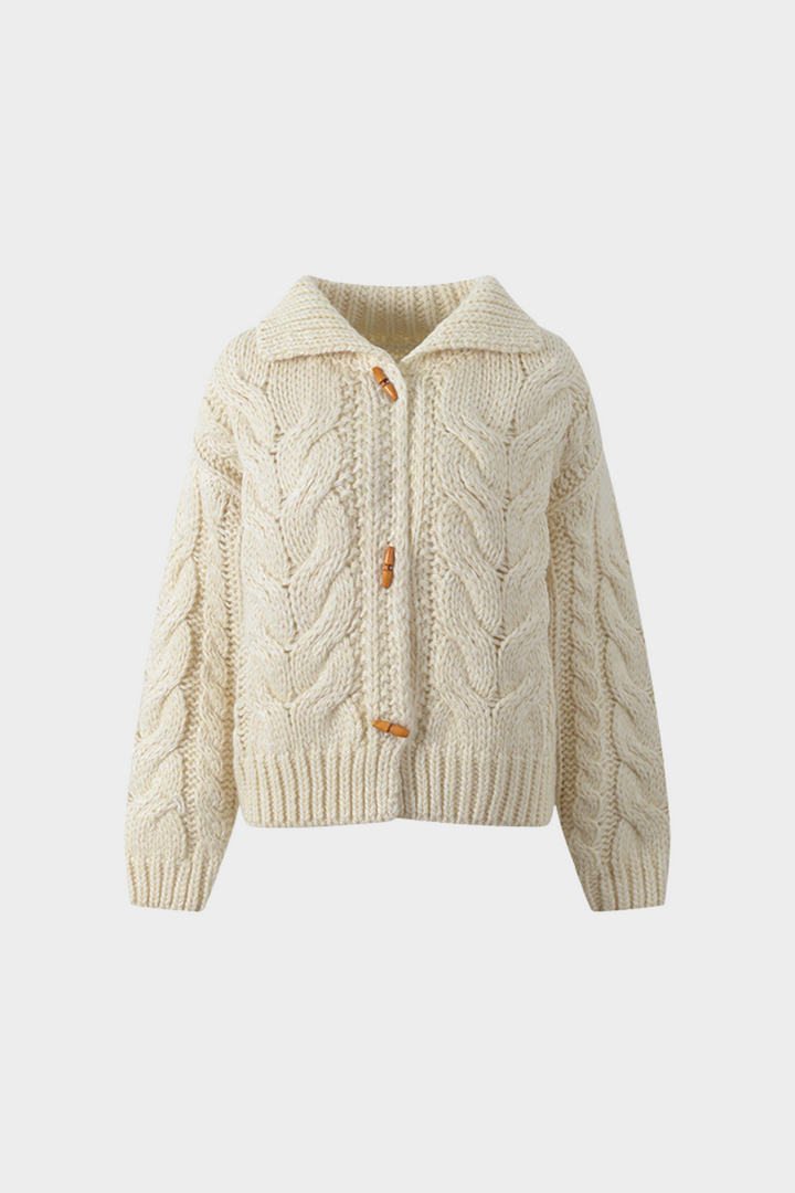 Alpine Charm Cable Soft Wool Wooden Buttoned Cardigan Jacket
