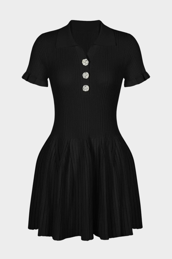 Chérie Knit Crystal Button Pleated Mini Dress