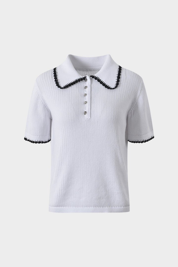 Contrast Lace Trim Viscose  Knit Polo Top