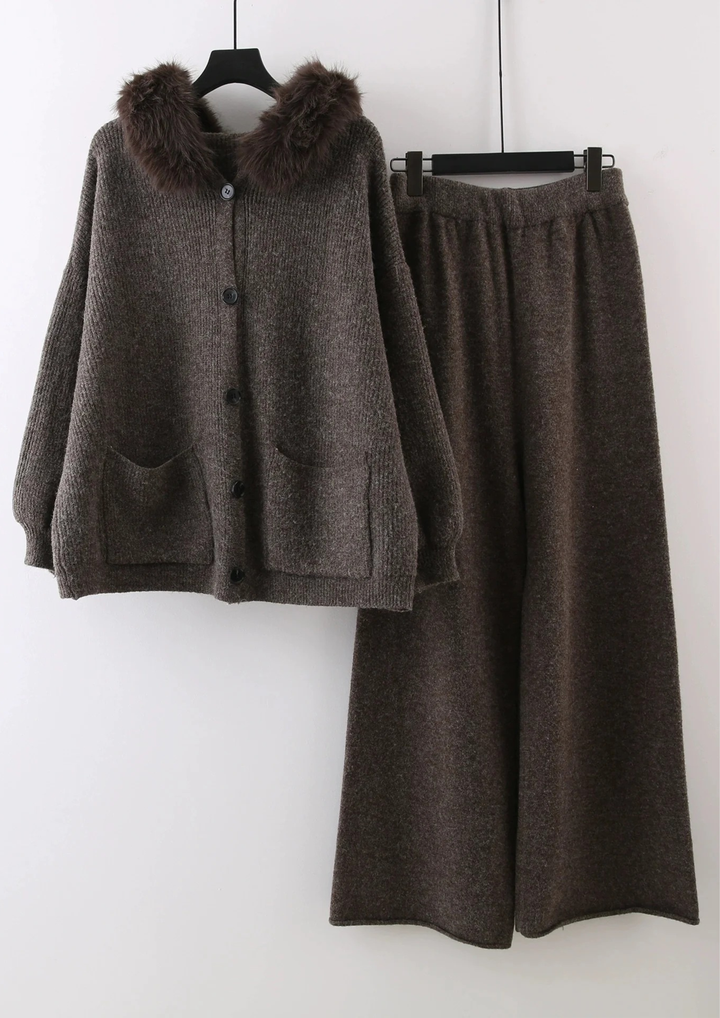 Comfy Gia Fur Collar Wide Leg Hooded Knit Set