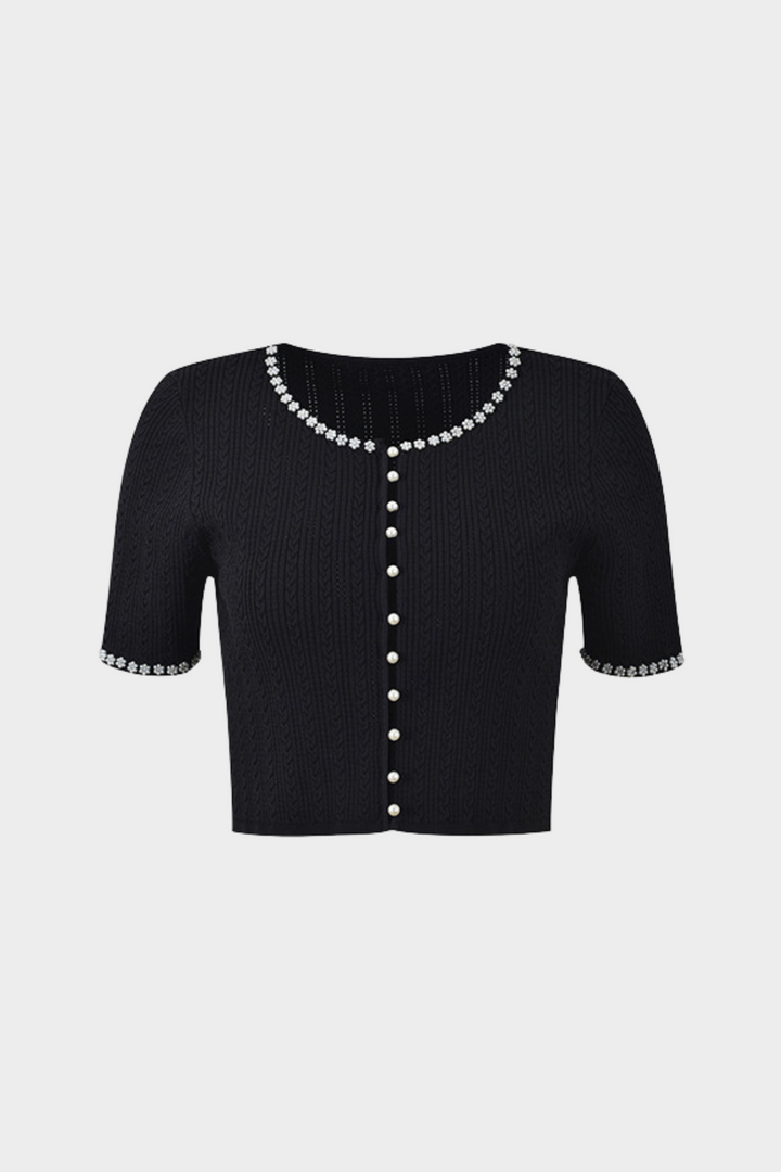Pearl Luxe Trim Cropped Knit Cardigan Top