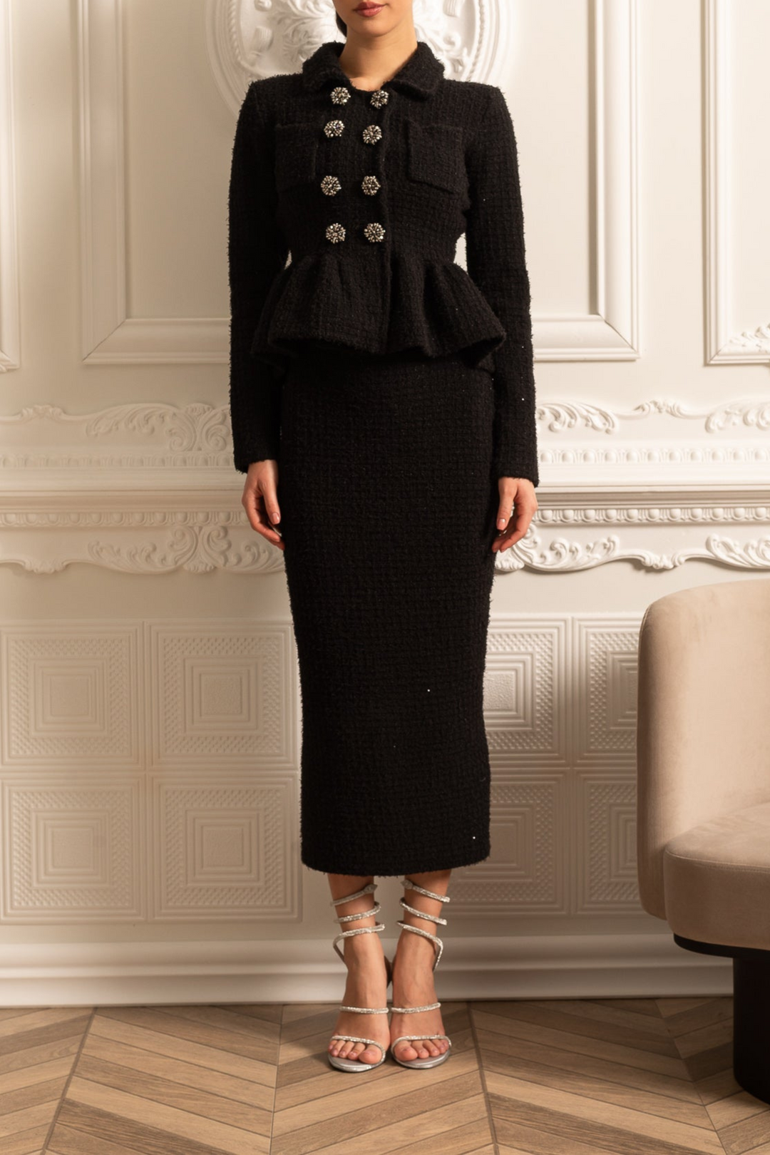 Classic Noir Ruffle Sequin Knit Maxi Dress