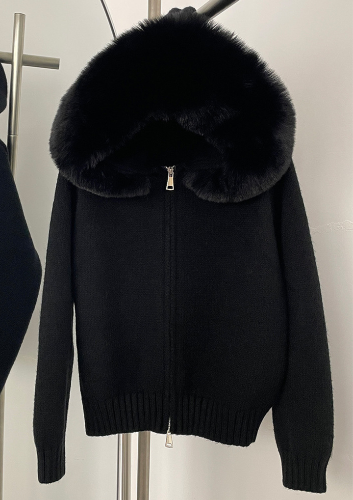 Fox Fur Collar Soft Wool Hooded jacket Top