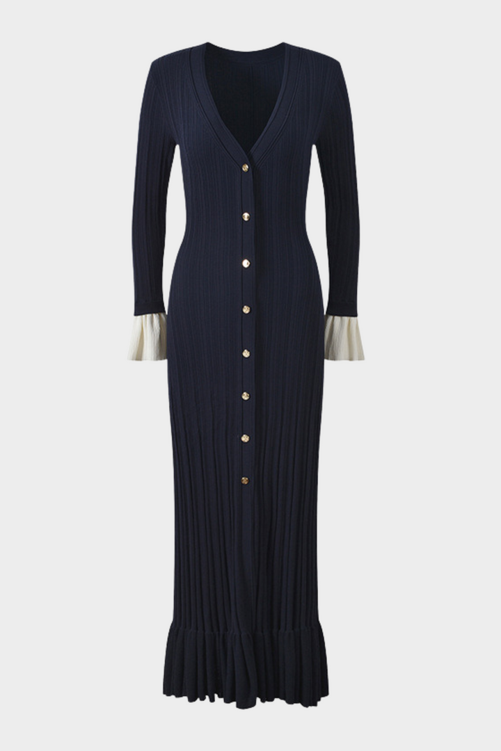 Royal Navy Viscose Knit Pleated Cuffs Maxi Dress