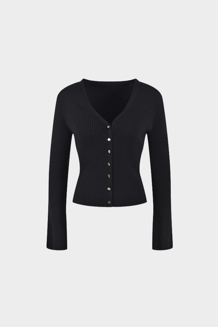 Classic Gleam V Neck Gold Button  Flared SleevesTop