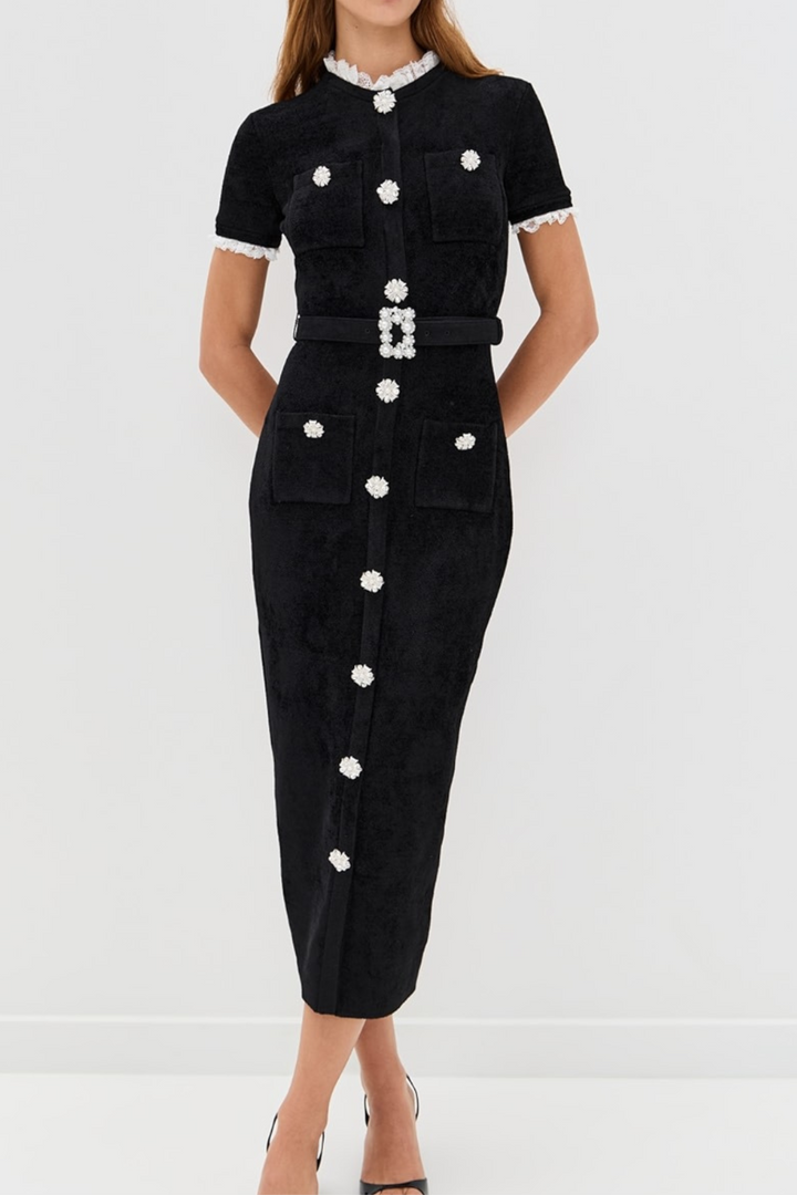 Classic Pearl ButtonViscose Knit Belted Maxi Dress