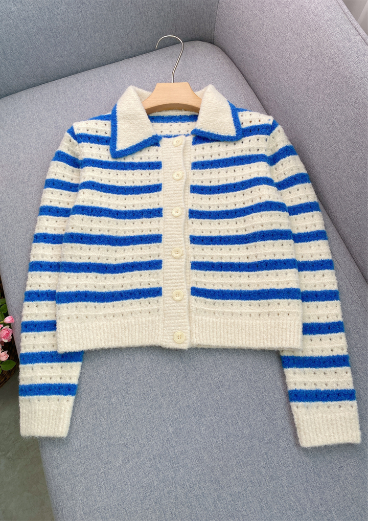 Striped Soft Wool Knit Collared Cardigan
