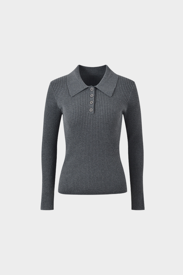 Cloud Grey Ribbed Wool Polo Sweater Top