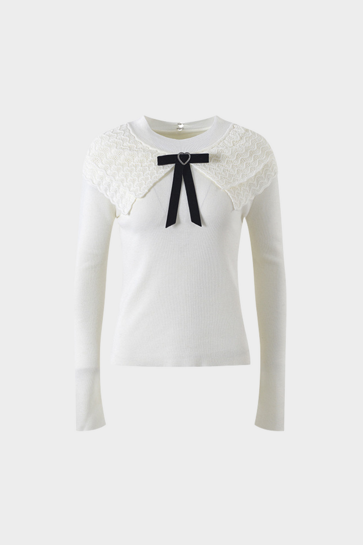 Heart Bow Lace Splicing Round Neck Wool Sweater Top